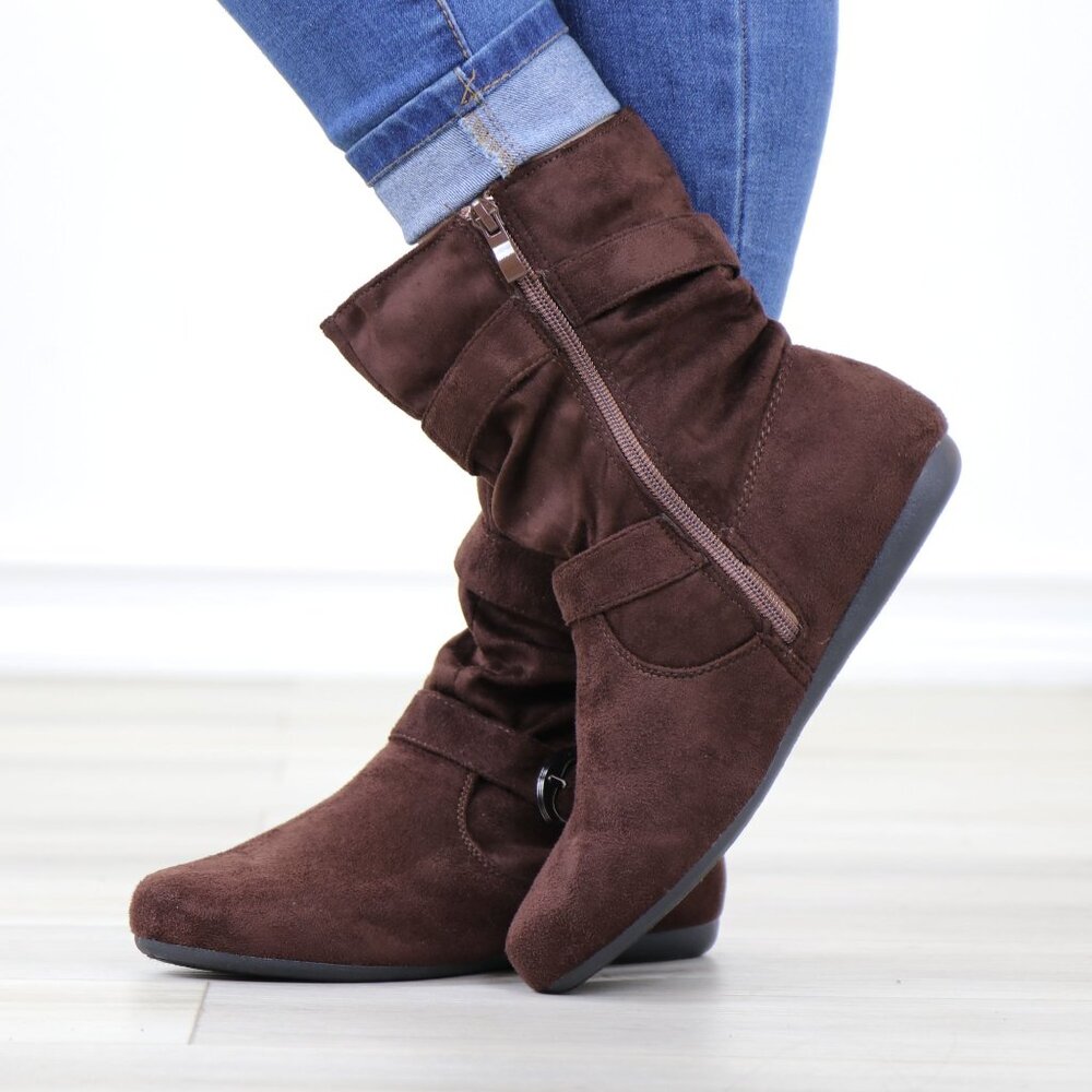 Brown Suede Buckle Boots  Flat Sole Slouchy Fit Everyday Fall Style - Picture 14 of 14